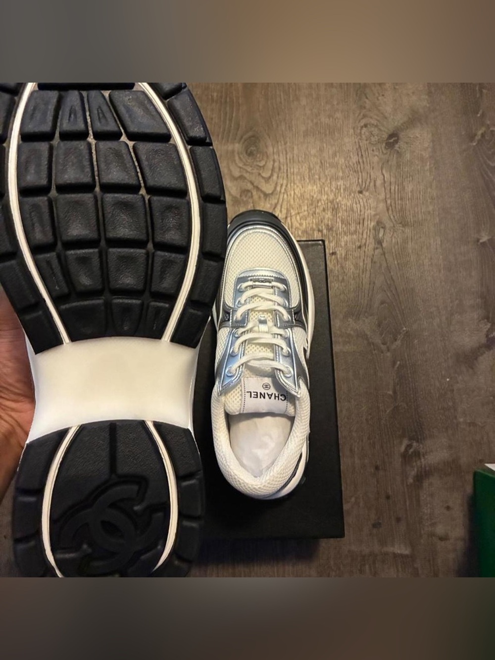 CHANEL Silver and White Mesh Logo Runner Sneakers - Picture 5 of 5